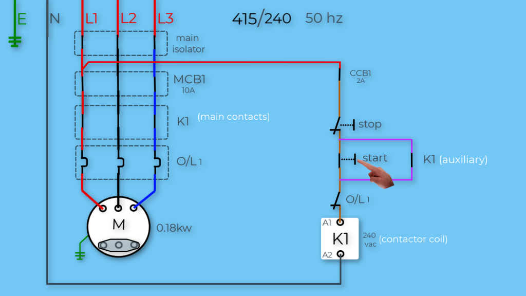 DOL motor starter circuit schematic start